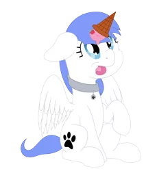 Size: 3400x4000 | Tagged: safe, artist:djdavid98, derpibooru import, oc, oc:snow pup, unofficial characters only, pegasus, pony, blue mane, collar, commission, cyan eyes, female, floppy ears, food, ice cream, ice cream cone, ice cream horn, image, looking up, png, raised leg, simple background, sitting, solo, solo female, spread wings, strawberry, tongue out, transparent background, white fur, wings, ych result