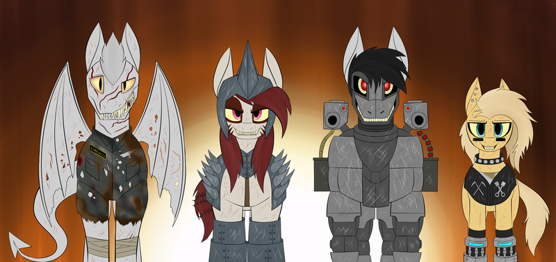 Size: 6000x2826 | Tagged: semi-grimdark, artist:rorrek, derpibooru import, oc, oc:deus, oc:gorgon, oc:psychoshy, oc:rampage, cyborg, earth pony, hybrid, pegasus, pony, robot, robot pony, fallout equestria, fallout equestria: project horizons, absurd resolution, ammo belt, armor, biker, black sclera, clothes, collar, fanfic art, gun, image, membranous wings, multiple variants, piercing, png, red eyes, scar, sharp teeth, sunset, tattered, teeth, uniform, weapon, wings, yellow eyes