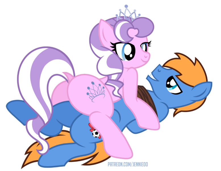 Size: 1200x925 | Tagged: suggestive, alternate version, artist:jennieoo, derpibooru import, diamond tiara, oc, oc:rozyfly, earth pony, pegasus, pony, bedroom eyes, bondage, image, on top, png, simple background, smiling, transparent background, vector