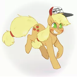 Size: 4096x4096 | Tagged: suggestive, artist:mclovin, derpibooru import, applejack, earth pony, pony, baseball cap, blushing, cap, frog (hoof), hat, image, jpeg, smiling, solo, underhoof