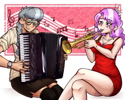 Size: 1280x1024 | Tagged: safe, artist:wiloptik, derpibooru import, diamond tiara, silver spoon, human, accordion, breasts, cleavage, clothes, eyes closed, female, humanized, image, jewelry, jpeg, lesbian, musical instrument, music notes, shipping, silvertiara, trumpet