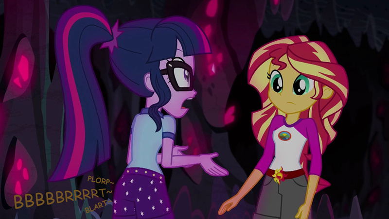 Size: 956x539 | Tagged: suggestive, artist:thedarkpony, derpibooru import, edit, edited screencap, screencap, sci-twi, sunset shimmer, twilight sparkle, equestria girls, legend of everfree, clothes, fart, fart noise, female, fetish, image, implied messing, implied pooping, implied scat, onomatopoeia, panties, pantypoop, png, poop, scat, shorts, sound effects, underwear