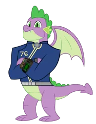 Size: 6043x7800 | Tagged: safe, artist:ponygamer2020, derpibooru import, spike, dragon, fallout equestria, the last problem, absurd resolution, clothes, fallout, fallout 76, gigachad spike, image, jumpsuit, looking at you, male, older, older spike, pipboy, pip-boy 2000 mark vi, png, simple background, smiling, smiling at you, solo, transparent background, vault suit, vector, winged spike, wings