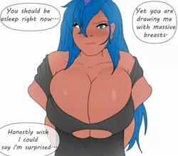 Size: 2758x2413 | Tagged: suggestive, artist:skyearts, derpibooru import, princess luna, human, big breasts, blushing, breaking the fourth wall, breasts, busty princess luna, cleavage, clothes, dialogue, dress, female, horn, horned humanization, huge breasts, humanized, image, jpeg, looking at you, moderate dark skin, puffy cheeks, simple background, solo, solo female, speech bubble, talking to viewer, white background