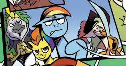 Size: 510x269 | Tagged: safe, artist:andypriceart, derpibooru import, idw, captain celaeno, rainbow dash, spitfire, pegasus, my little pony: the movie, spoiler:comic100, comic, cropped, cutlass, faic, image, ocypete, png, season 10, smug, sword, weapon