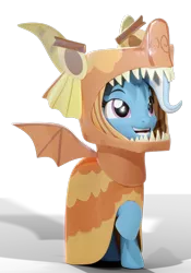 Size: 3240x4641 | Tagged: safe, artist:xppp1n, derpibooru import, trixie, pony, unicorn, 3d, blender, blender cycles, dragon costume, female, image, mare, open mouth, png, raised hoof, raised leg, scene interpretation, simple background, smiling, solo, transparent background