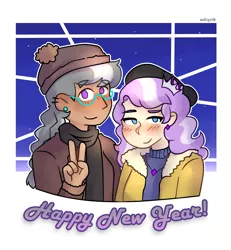 Size: 1987x2152 | Tagged: safe, artist:wiloptik, derpibooru import, diamond tiara, silver spoon, human, clothes, coat, ear piercing, female, glasses, happy new year, hat, holiday, humanized, image, lesbian, peace sign, piercing, png, scarf, shipping, silvertiara, sweater