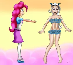 Size: 1280x1125 | Tagged: suggestive, alternate version, artist:videogamefan6, artist:zombishop, derpibooru import, pinkie pie, trixie, human, equestria girls, color, duo, duo female, female, flower bikini, human coloration, humanized, image, jpeg, pointing