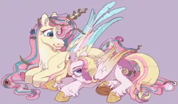 Size: 5014x2947 | Tagged: safe, alternate version, artist:universal-heart, derpibooru import, fluttershy, oc, oc:angel, alicorn, pegasus, pony, alicornified, chest fluff, coat markings, colored hooves, colored wings, colt, female, flower, flower in hair, fluttercorn, gradient wings, image, lying down, male, mare, mother and child, mother and son, multicolored wings, offspring, parent:fluttershy, png, prone, purple background, race swap, simple background, unshorn fetlocks, wings