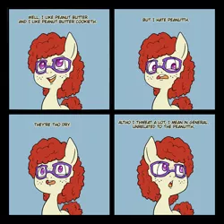 Size: 1414x1414 | Tagged: safe, artist:happy harvey, derpibooru import, twist, ponified, earth pony, pony, 4 panel comic, colored, colored pupils, comic, cookie, dialogue, drawn on phone, female, filly, food, four panel meme, freckles, glasses, image, lisp, looking down, looking up, open mouth, peanuts, png, simple background, sweat