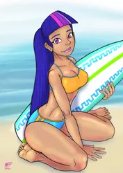 Size: 900x1273 | Tagged: safe, artist:dustbunnypictures, derpibooru import, twilight sparkle, human, 2020, barefoot, beach, bikini, clothes, dark skin, feet, female, humanized, image, kneeling, outdoors, png, signature, smiling, solo, surfboard, swimsuit