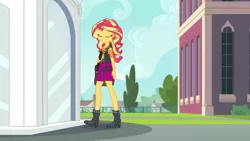 Size: 3410x1920 | Tagged: safe, derpibooru import, screencap, sunset shimmer, equestria girls, equestria girls series, forgotten friendship, bag, boots, canterlot high, clothes, cutie mark, cutie mark on clothes, eyes closed, female, geode of empathy, image, jacket, jpeg, leather, leather jacket, magical geodes, shoes, solo, statue, walking