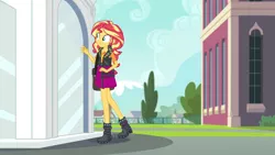 Size: 3410x1920 | Tagged: safe, derpibooru import, screencap, sunset shimmer, equestria girls, equestria girls series, forgotten friendship, bag, boots, canterlot high, clothes, cutie mark, cutie mark on clothes, female, geode of empathy, image, jacket, jpeg, leather, leather jacket, magical geodes, shoes, solo, statue, walking