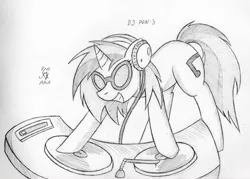 Size: 600x430 | Tagged: safe, artist:srmario, derpibooru import, vinyl scratch, pony, unicorn, female, grayscale, grin, headphones, horn, image, lineart, mare, monochrome, png, signature, smiling, solo, sunglasses, traditional art, turntable