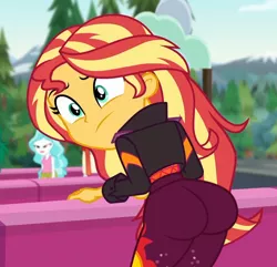 Size: 842x813 | Tagged: safe, artist:wanderingeditor, derpibooru import, edit, edited screencap, screencap, paisley, sunset shimmer, equestria girls, equestria girls series, sunset's backstage pass!, spoiler:eqg series (season 2), ass, barrier, bent over, bunset shimmer, butt, butt edit, clothes, cropped, female, image, jacket, large butt, music festival outfit, outdoors, png, solo