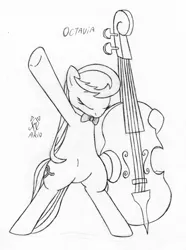 Size: 450x604 | Tagged: safe, artist:srmario, derpibooru import, octavia melody, earth pony, pony, bipedal, bowtie, cello, eyes closed, featureless crotch, female, grayscale, image, lineart, mare, monochrome, musical instrument, png, raised hoof, signature, traditional art, underhoof