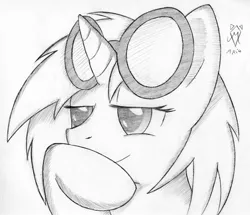 Size: 550x474 | Tagged: safe, artist:srmario, derpibooru import, vinyl scratch, pony, unicorn, bust, female, grayscale, image, lineart, mare, monochrome, png, signature, smiling, sunglasses, thinking, traditional art