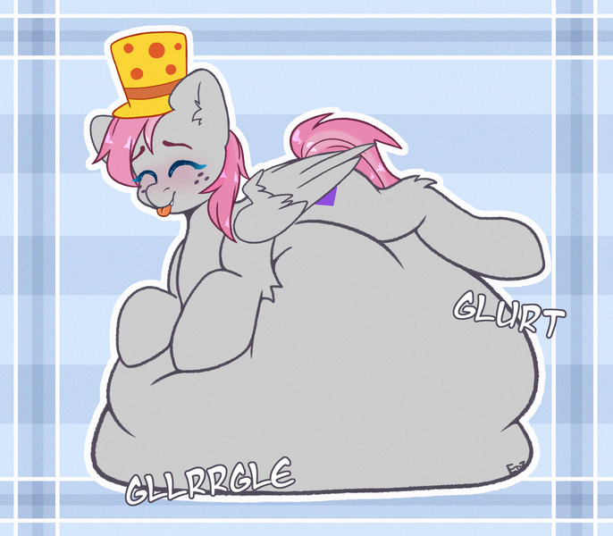 Size: 2400x2100 | Tagged: questionable, semi-grimdark, alternate version, artist:etoz, derpibooru import, oc, oc:cute wing, pegasus, pony, :p, abstract background, belly, belly bed, big belly, blushing, commission, digestion, eyebrows, eyes closed, fangs, female, fetish, freckles, happy, hat, huge belly, image, impossibly large belly, mare, pegasus oc, png, predator, smiling, soft vore, solo, stomach noise, text, tongue out, vore, wings, ych result