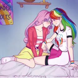 Size: 1000x1000 | Tagged: safe, artist:thecreativerey, derpibooru import, rainbow dash, sweetie belle, human, alternate hairstyle, bed, bedroom, bedroom eyes, belt, blanket, blushing, clothes, commission, compression shorts, female, humanized, image, lesbian, looking at each other, older, older sweetie belle, png, shipping, shirt, skirt, socks, sweetiedash, t-shirt