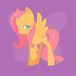 Size: 2048x2048 | Tagged: safe, artist:daisycorpse, artist:sodababie, artist:vanillavache, banned from derpibooru, deleted from derpibooru, derpibooru import, fluttershy, butterfly, insect, pegasus, pony, cute, cutie mark background, eyelashes, female, hair over one eye, high res, image, jpeg, looking at you, mare, purple background, raised hoof, shyabetes, simple background, smiling, solo, sparkling mane, spread wings, standing, starry eyes, three quarter view, wingding eyes, wings