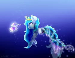 Size: 2781x2157 | Tagged: safe, artist:ultrazajac, derpibooru import, oc, unofficial characters only, fish, merpony, blue mane, bubble, crepuscular rays, crown, dorsal fin, eyelashes, female, fins, fish tail, flowing mane, flowing tail, image, jewelry, looking at each other, ocean, png, purple eyes, regalia, signature, smiling, solo, swimming, tail, underwater, water