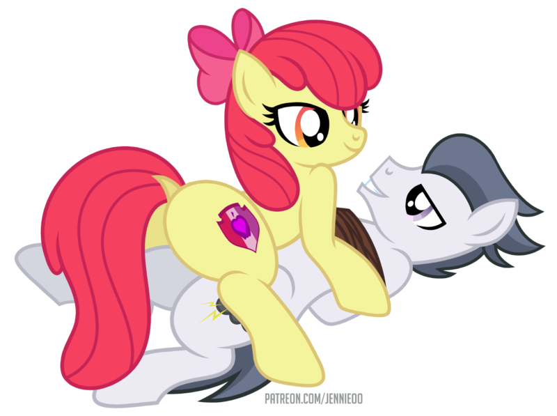 Size: 1200x896 | Tagged: suggestive, alternate version, artist:jennieoo, derpibooru import, apple bloom, rumble, earth pony, pegasus, pony, arm behind back, bedroom eyes, bloom butt, bondage, butt, dock, female, grin, happy, image, male, png, rope, rope bondage, rumbloom, shipping, simple background, smiling, straight, tied up, transparent background, vector