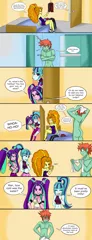 Size: 2978x7748 | Tagged: explicit, artist:sodaska, derpibooru import, adagio dazzle, aria blaze, sonata dusk, oc, oc:ruby sword, equestria girls, accidental exposure, ass, blushing, butt, canon x oc, clothed female nude male, clothes, comic, dress, female, grin, image, laughing, male, nudity, penis, png, shower, small penis, small penis humiliation, smiling, smirk, teasing, the dazzlings