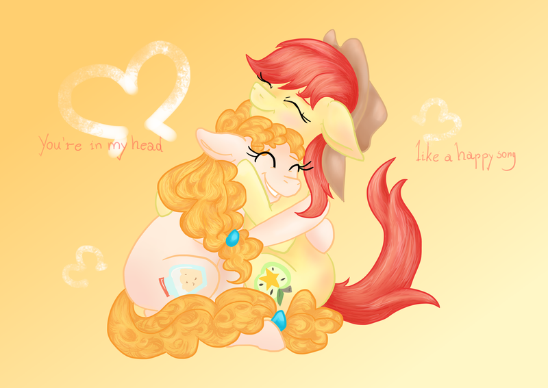 Size: 2039x1446 | Tagged: artist needed, safe, derpibooru import, bright mac, pear butter, earth pony, pony, blushing, brightbutter, cute, female, floppy ears, half r63 shipping, happy, hat, hug, image, lesbian, love, male, pearabetes, png, rule 63, shipping, straight