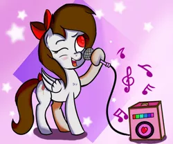 Size: 1200x1000 | Tagged: artist needed, safe, derpibooru import, oc, oc:whisper hope, pegasus, pony, bow, female, image, mane bow, mare, microphone, png, simple background, singing, solo, tail bow