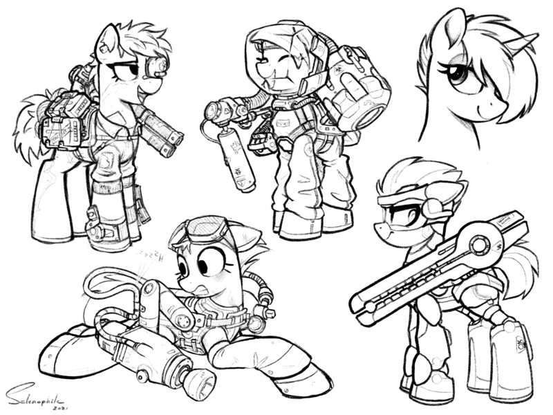 Size: 4000x3000 | Tagged: safe, artist:selenophile, derpibooru import, oc, unofficial characters only, pony, robot, robot pony, backpack, clothes, detailed, floppy ears, futuristic, gauss rifle, goggles, hazmat suit, image, jpeg, looking back, monochrome, railgun, sketch, technology