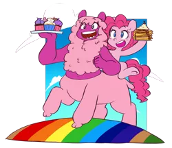 Size: 3271x2820 | Tagged: safe, artist:chub-wub, derpibooru import, pinkie pie, centaur, earth pony, pony, centaurworld, crossover, cupcake, duo, female, food, image, mare, open mouth, pancakes, plate, png, rainbow, wammawink