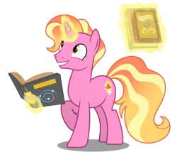 Size: 1024x905 | Tagged: safe, artist:nebula-flare, derpibooru import, luster dawn, pony, unicorn, the last problem, book, glowing horn, horn, image, looking up, magic, magic aura, male, png, rule 63, shining sunset, simple background, smiling, solo, transparent background, vector