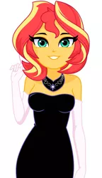 Size: 655x1136 | Tagged: safe, artist:rosemile mulberry, derpibooru import, sunset shimmer, equestria girls, alternate hairstyle, clothes, cute, dress, female, gloves, image, jewelry, looking at you, necklace, png, shimmerbetes, short hair, simple background, smiling, smiling at you, solo, solo female, white background