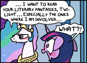 Size: 306x222 | Tagged: suggestive, artist:foudubulbe, derpibooru import, edit, princess celestia, twilight sparkle, twilight sparkle (alicorn), alicorn, pony, 28 pranks later, blushing, comic, comic panel, dialogue, embarrassed, female, floppy ears, image, implied lesbian, implied shipping, implied twilestia, mare, open mouth, png, speech bubble, wide eyes