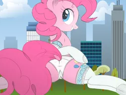 Size: 4000x3000 | Tagged: suggestive, artist:raps, derpibooru import, edit, pinkie pie, building, butt, city, clothes, high res, image, lingerie, macro, panties, park, plot, png, socks, solo, stockings, thigh highs, underwear