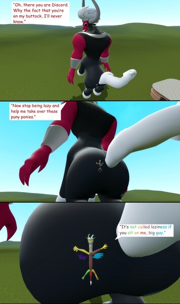 Size: 759x1280 | Tagged: suggestive, artist:gmodmmdmacrolover, derpibooru import, discord, lord tirek, 3d, butt, crush fetish, fetish, flattened, gay, gmod, huge butt, image, impossibly large butt, jpeg, large butt, macro, male, shipping, size difference, taurbutt, text, tirekcord
