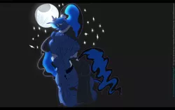 Size: 3507x2210 | Tagged: suggestive, artist:greentark46, derpibooru import, princess luna, anthro, alternate hairstyle, black background, clothes, dress, image, jpeg, moon, muscles, outfit, overdeveloped muscles, ponytail, simple background, solo