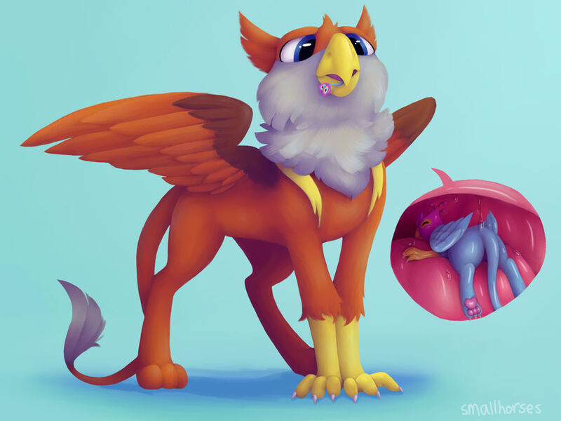 Size: 900x675 | Tagged: questionable, artist:smallhorses, derpibooru import, oc, oc:gyro feather, oc:gyro tech, oc:peregrine, gryphon, fetish, griffonized, image, jpeg, safe vore, soft vore, species swap, vore