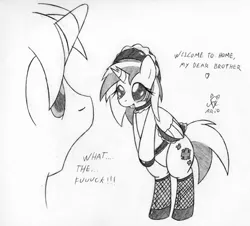 Size: 550x497 | Tagged: safe, artist:srmario, derpibooru import, oc, alicorn, pony, alicorn oc, bipedal, broken horn, choker, clothes, dialogue, eyelashes, female, fishnets, grayscale, horn, image, maid, maid headdress, mare, monochrome, png, surprised, traditional art, wings