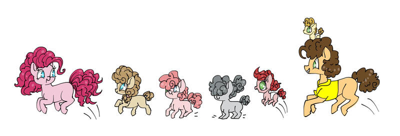 Size: 2048x696 | Tagged: safe, artist:ukulelepineapplecat, derpibooru import, cheese sandwich, pinkie pie, oc, earth pony, pony, baby, baby pony, cheesepie, clothes, earth pony oc, female, filly, image, jpeg, looking back, male, mare, offspring, parent:cheese sandwich, parent:pinkie pie, parents:cheesepie, ponies riding ponies, pony hat, pronking, riding, shipping, simple background, smiling, stallion, straight, white background