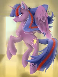 Size: 4500x6000 | Tagged: safe, artist:闪电_lightning, derpibooru import, alicorn, pony, equestria at war mod, chest fluff, ear fluff, fluffy, flying, image, messy mane, multicolored hair, multicolored tail, not twilight sparkle, png, spread wings, sunrise sparkle, wings