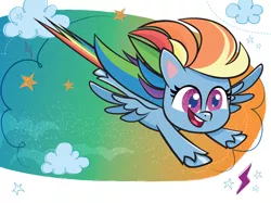 Size: 1734x1300 | Tagged: safe, derpibooru import, official, rainbow dash, pegasus, pony, my little pony: pony life, abstract background, book, cloud, female, flying, image, jpeg, lightning, mare, solo, stars