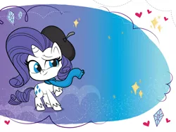 Size: 1734x1300 | Tagged: safe, derpibooru import, official, rarity, pony, unicorn, my little pony: pony life, abstract background, beret, book, clothes, diamond, female, hat, heart, image, jpeg, mare, scarf, solo, stars