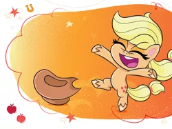 Size: 1734x1300 | Tagged: safe, derpibooru import, official, applejack, earth pony, pony, my little pony: pony life, abstract background, apple, applejack's hat, book, cowboy hat, female, food, hat, horseshoes, image, jpeg, mare, solo, stars