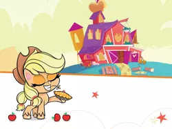 Size: 1734x1300 | Tagged: safe, derpibooru import, official, applejack, earth pony, pony, my little pony: pony life, apple, apple pie, applejack's hat, barn, book, cowboy hat, female, food, hat, hay, image, jpeg, mare, pie, solo, stars, sweet apple acres, water tower