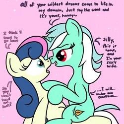 Size: 2000x2000 | Tagged: safe, artist:dafiltafish, derpibooru import, bon bon, lyra heartstrings, sweetie drops, oc, oc:hedone, earth pony, unicorn, comic:day by day, dialogue, female, image, lesbian, lyrabon, png, scrunchy face, shapeshifter, shipping