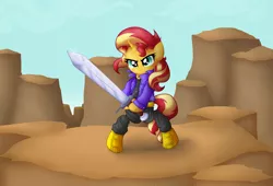 Size: 6093x4136 | Tagged: safe, artist:background basset, derpibooru import, sunset shimmer, pony, unicorn, bipedal, capsule corp, clothes, cosplay, costume, dragon ball z, female, future trunks, holding, image, png, solo, sword, weapon