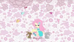 Size: 3410x1920 | Tagged: safe, derpibooru import, screencap, fluttershy, bird, butterfly, insect, rabbit, equestria girls, equestria girls series, animal, clothes, cute, cutie mark, cutie mark on clothes, eyes closed, geode of fauna, hairpin, image, intro, jewelry, jpeg, magical geodes, necklace, shyabetes, smiling, solo