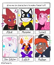 Size: 1280x1529 | Tagged: safe, artist:trashfeline, derpibooru import, star catcher, anthro, cat, pony, unicorn, six fanarts, :d, animatronic, anthro with ponies, bowtie, crossover, dark skin, five nights at freddy's, flick, furry, grin, horn, image, lolbit, makeup, one eye closed, open mouth, peace sign, png, running makeup, smiling, spinel (steven universe), wink