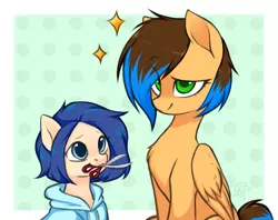 Size: 2093x1659 | Tagged: safe, artist:megabait, derpibooru import, oc, oc:lana, oc:megabait, earth pony, pegasus, pony, blue hoodie, haircut, image, png, scissors